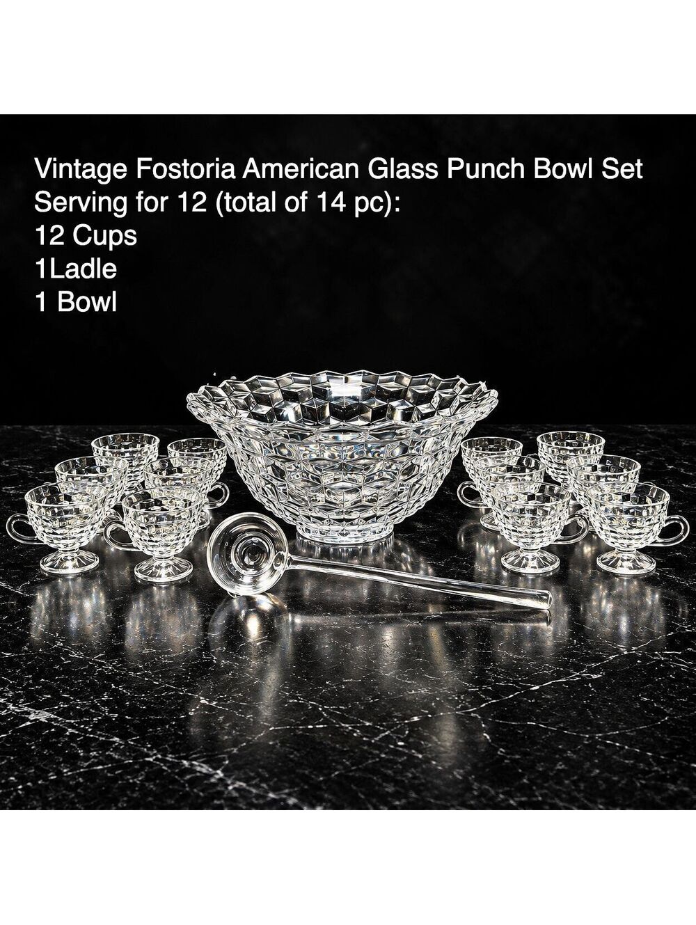 Vintage Fostoria American Glass Punch Bowl Set 12 Cups Ladle 14 Pc